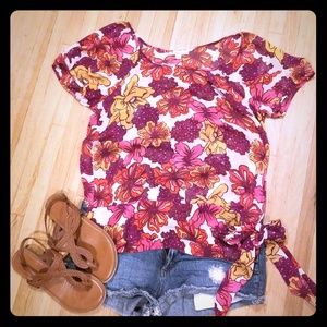 Floral semi sheer side tie top